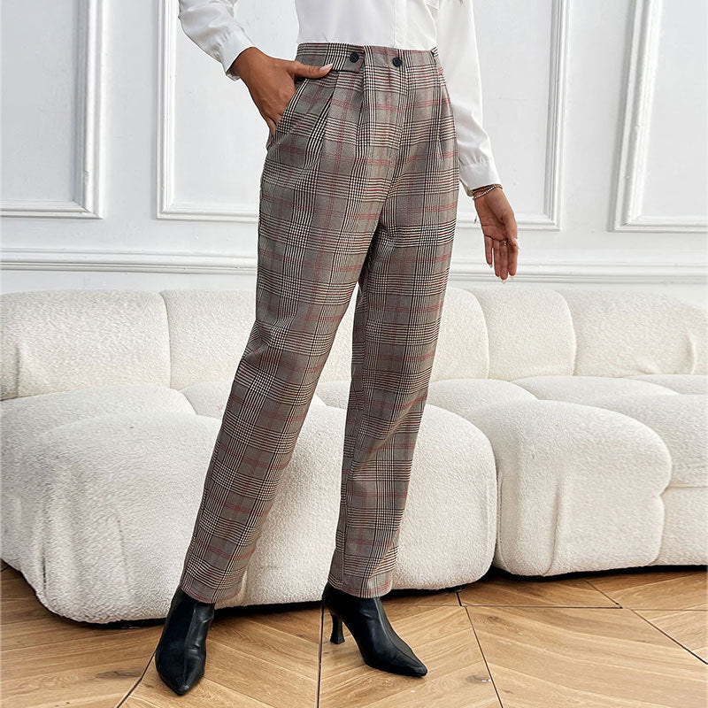Checked Tapered Suit Pants with High-Waist and Pleats