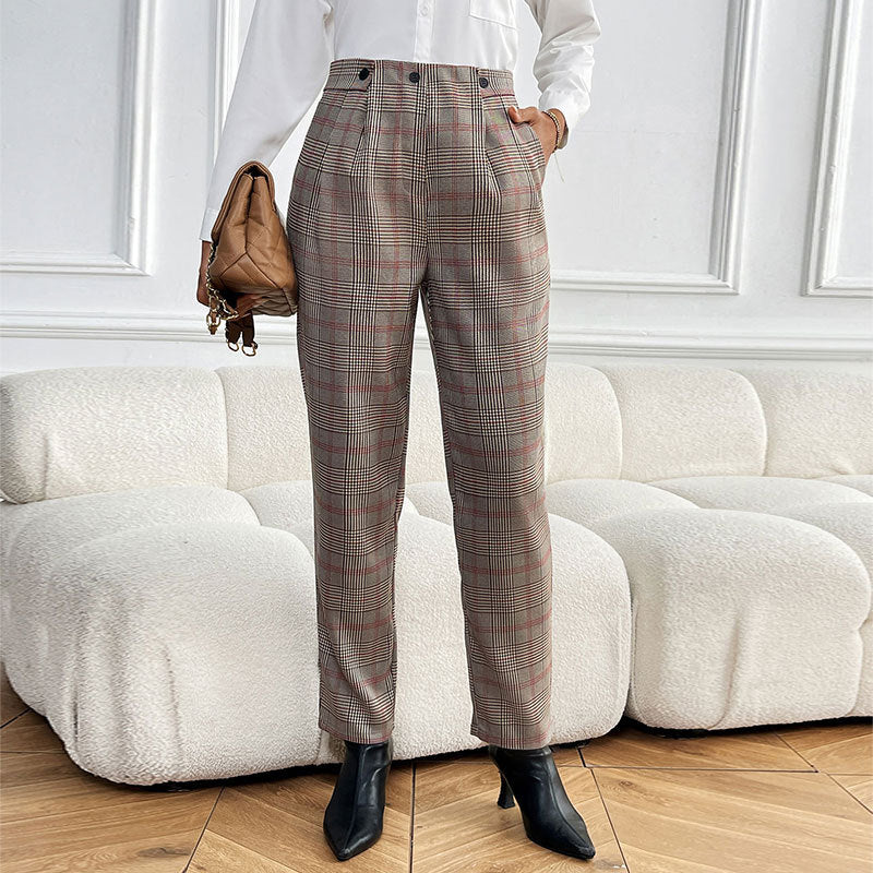 Checked Tapered Suit Pants with High-Waist and Pleats