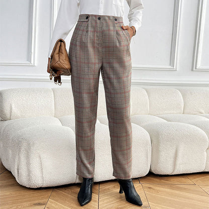 Checked Tapered Suit Pants with High-Waist and Pleats