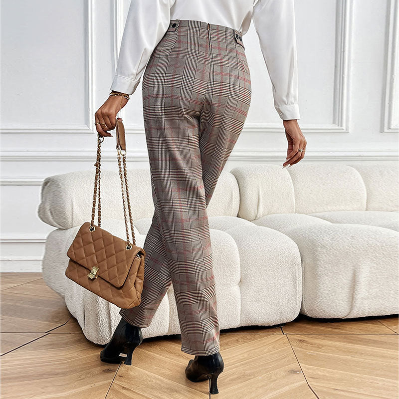 Checked Tapered Suit Pants with High-Waist and Pleats