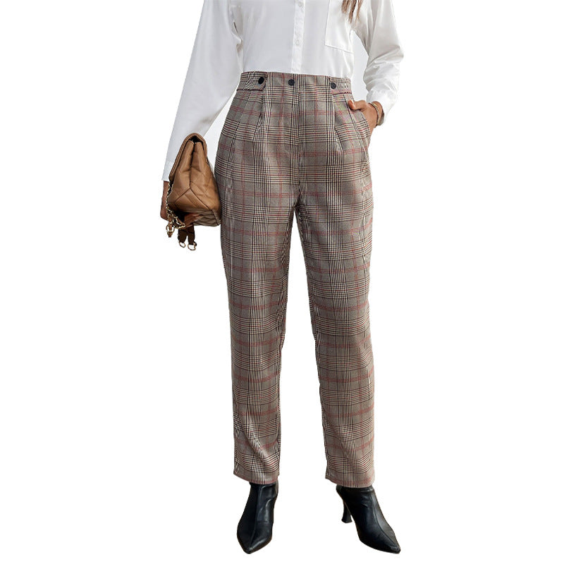 Checked Tapered Suit Pants with High-Waist and Pleats