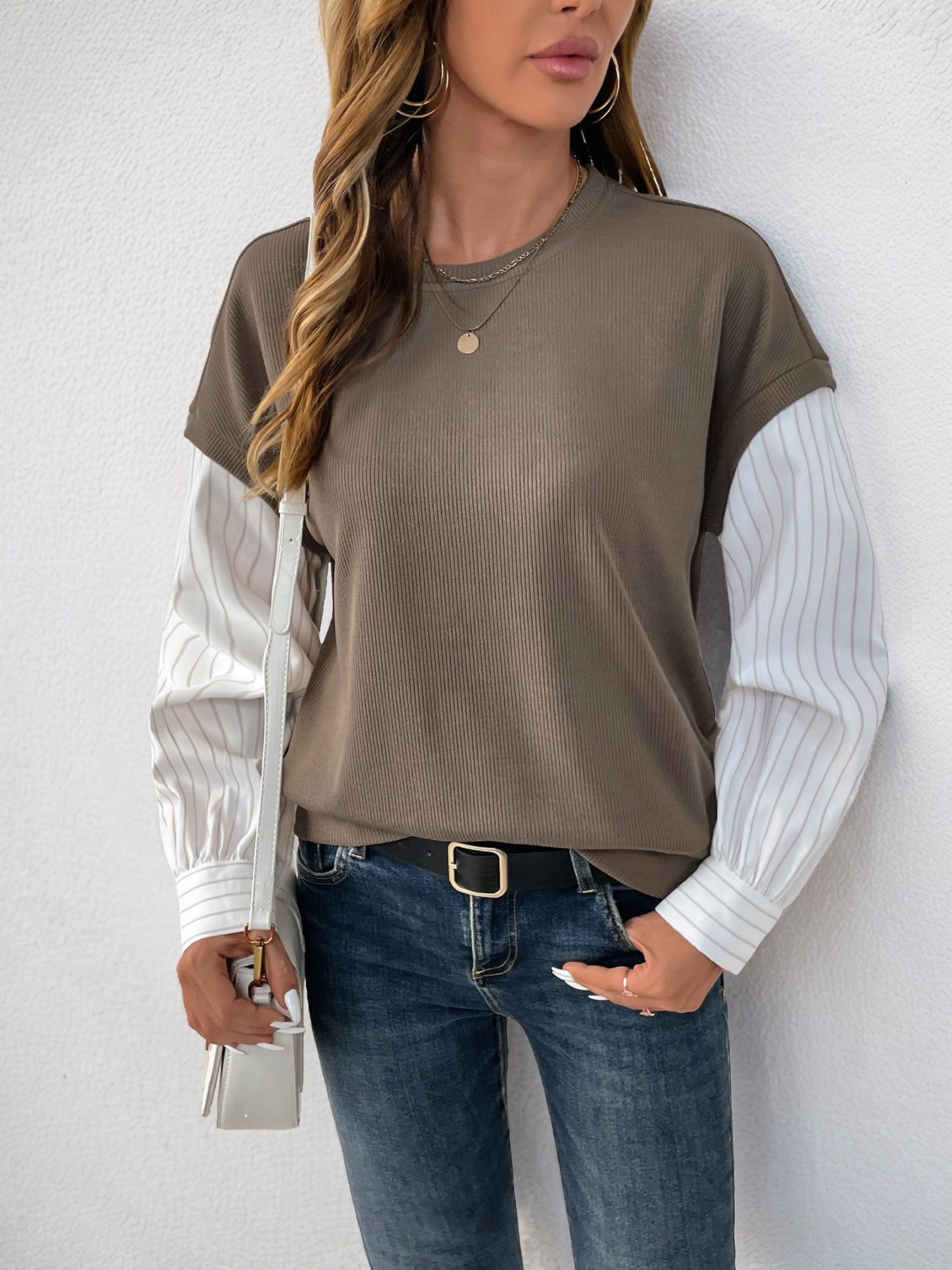 Fake Two-Piece Ribbed Knit Top with Striped Sleeves