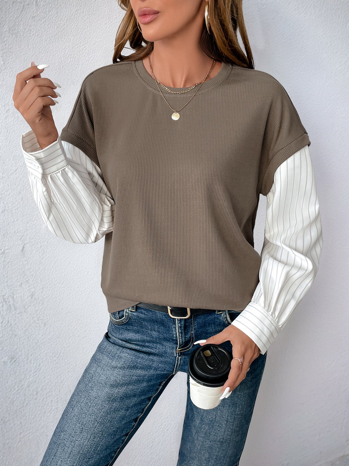 Fake Two-Piece Ribbed Knit Top with Striped Sleeves