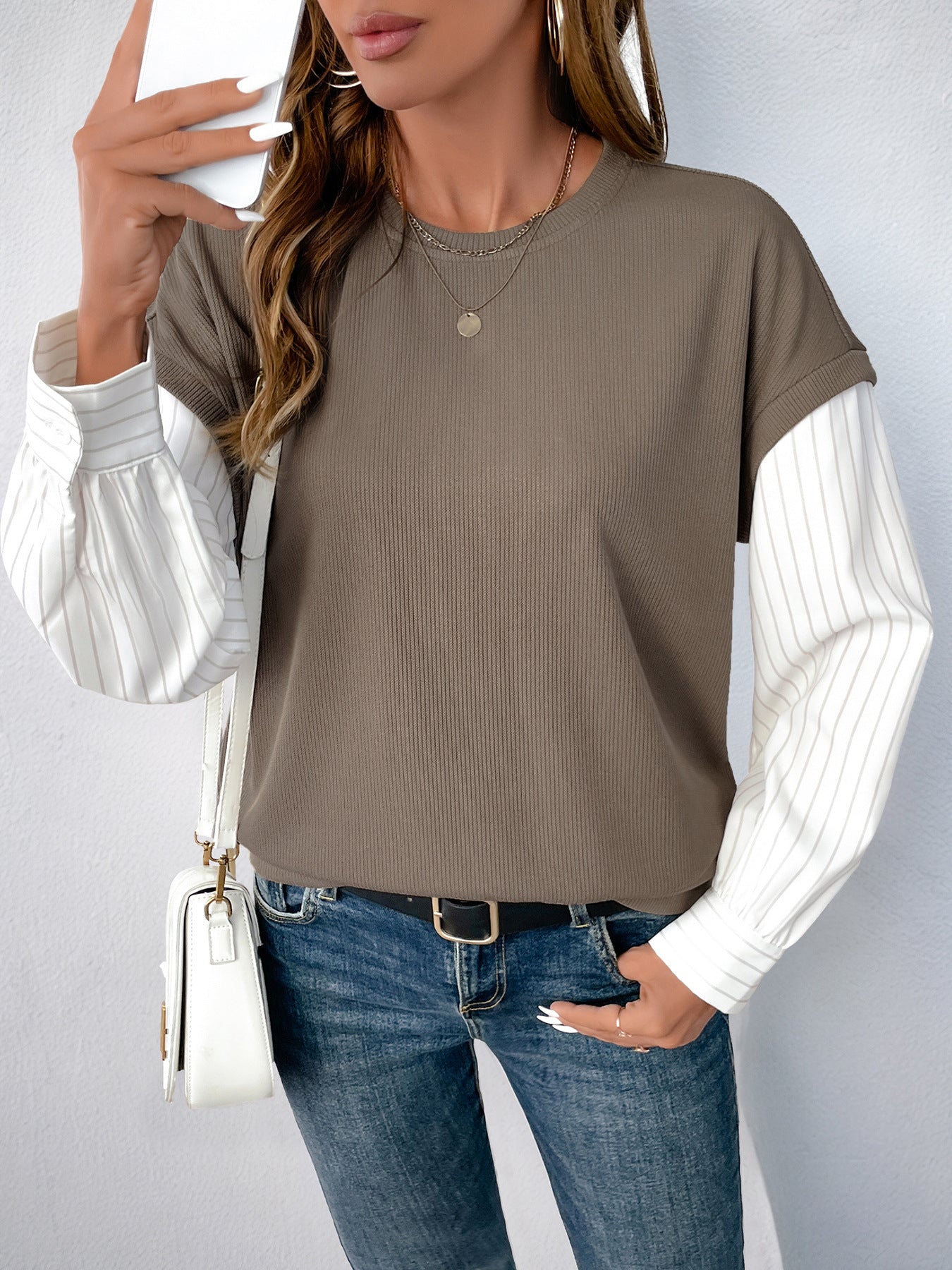Fake Two-Piece Ribbed Knit Top with Striped Sleeves