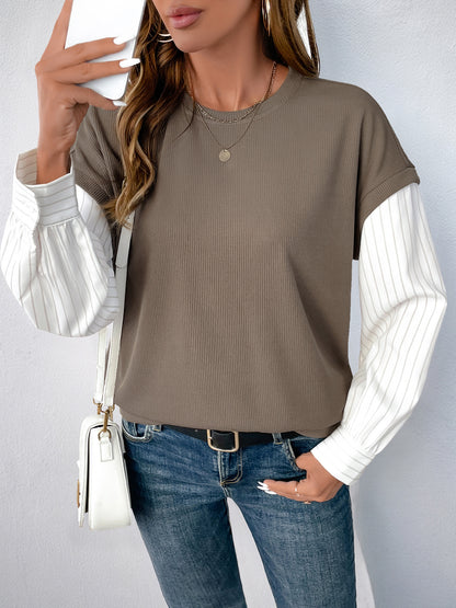 Fake Two-Piece Ribbed Knit Top with Striped Sleeves