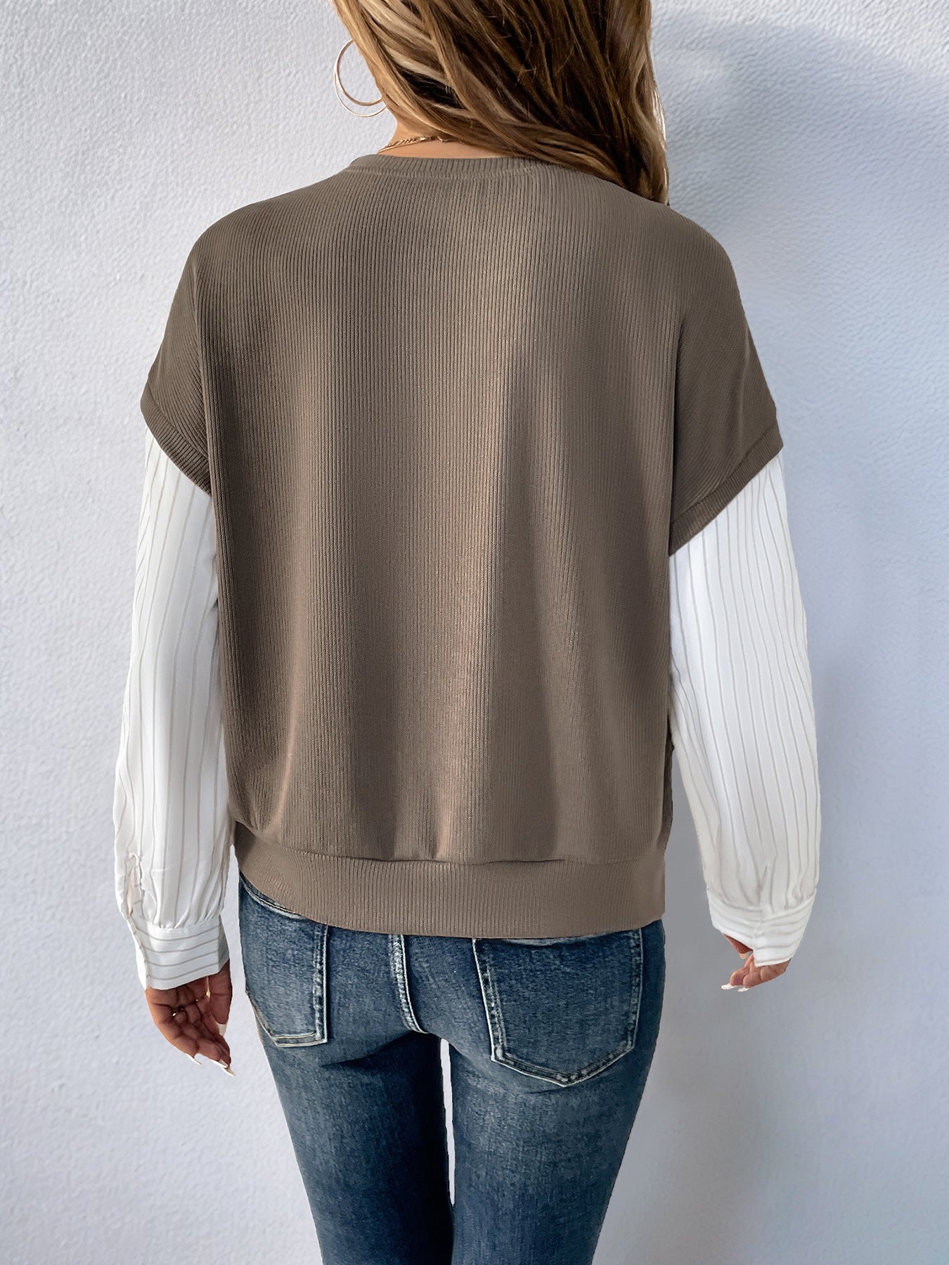 Fake Two-Piece Ribbed Knit Top with Striped Sleeves