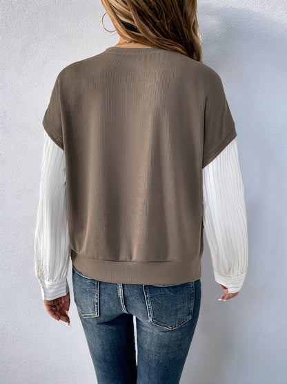 Fake Two-Piece Ribbed Knit Top with Striped Sleeves