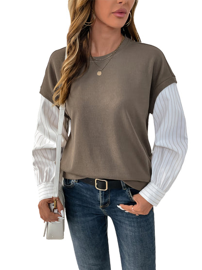 Fake Two-Piece Ribbed Knit Top with Striped Sleeves