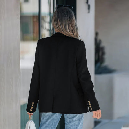 Mid-Length Black Blazer with Gold-Tone Buttons