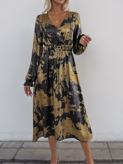 Abstract Gold Foil A-Line Midi Dress with V-Neck and Long Sleeves