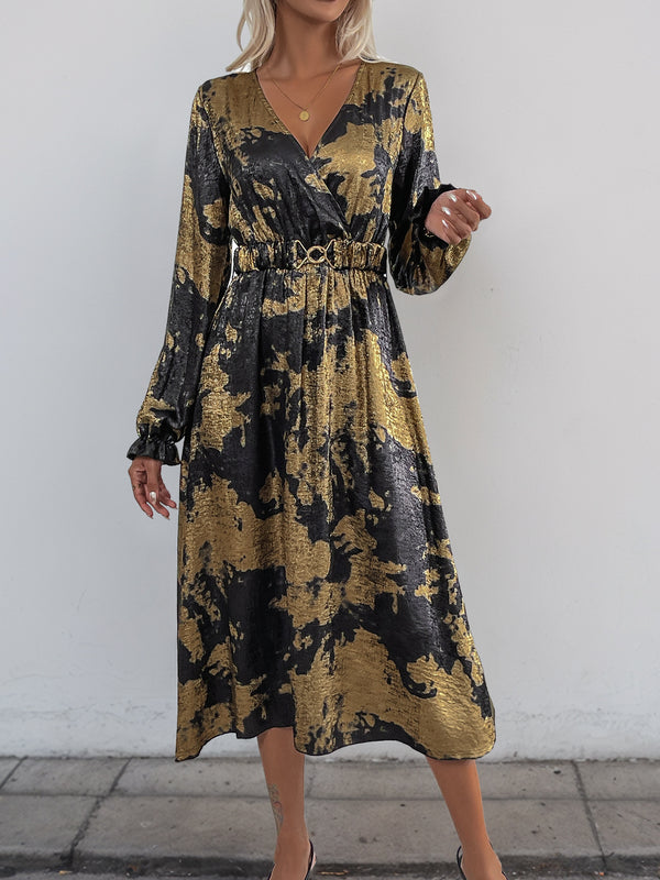 Abstract Gold Foil A-Line Midi Dress with V-Neck and Long Sleeves