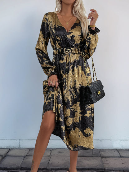 Abstract Gold Foil A-Line Midi Dress with V-Neck and Long Sleeves