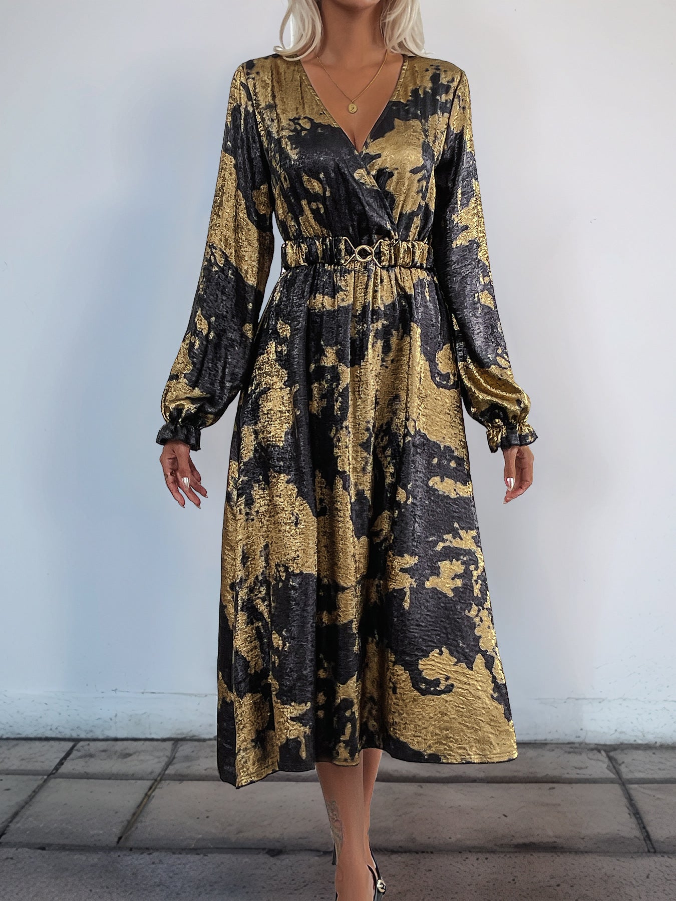 Abstract Gold Foil A-Line Midi Dress with V-Neck and Long Sleeves