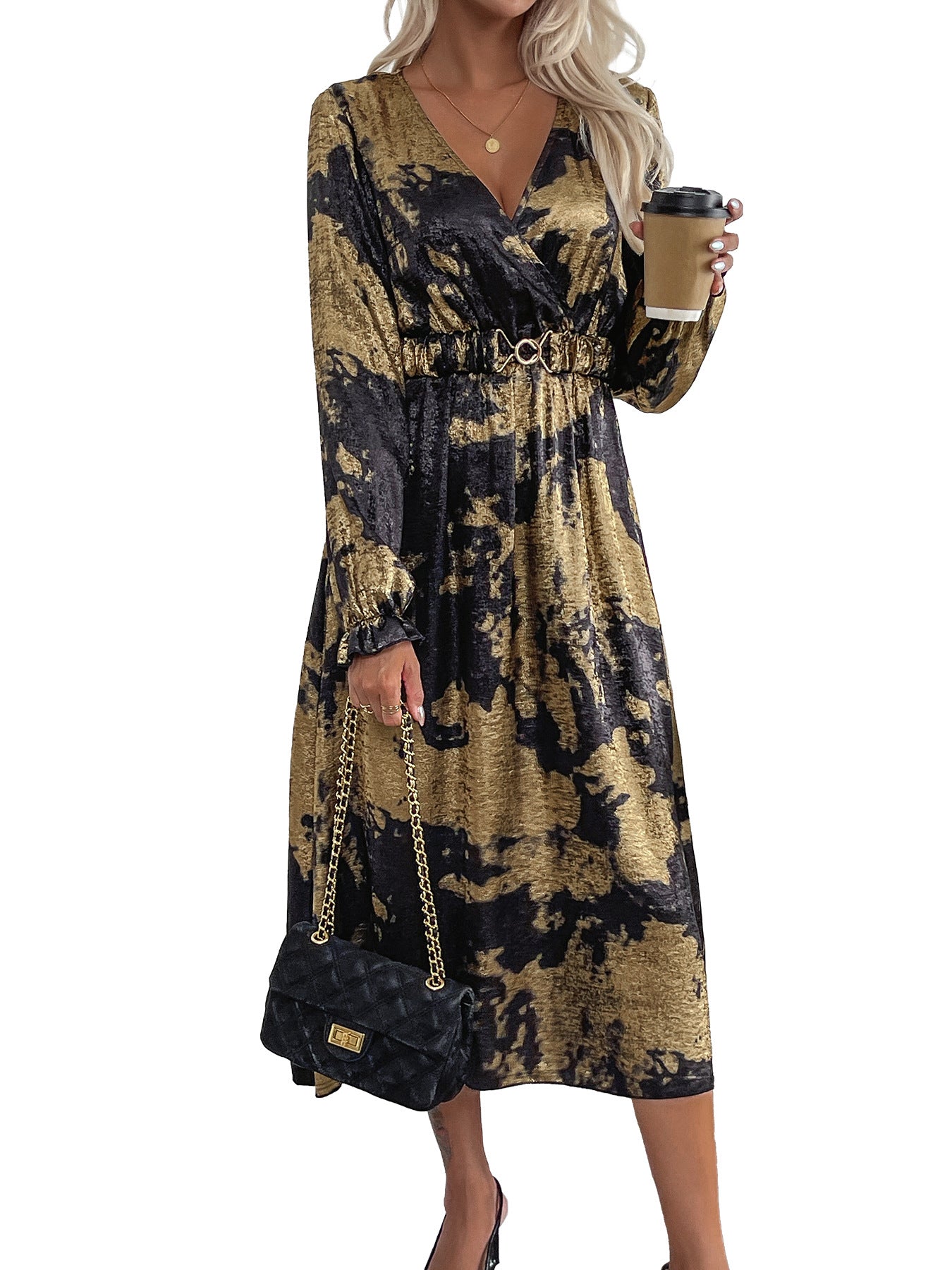 Abstract Gold Foil A-Line Midi Dress with V-Neck and Long Sleeves