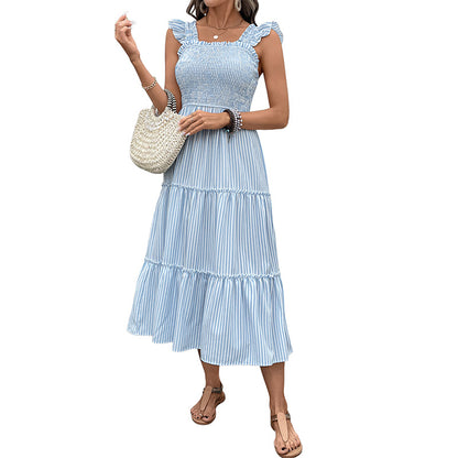 Striped Midi Dress with Smocked Bodice and Tiered Skirt