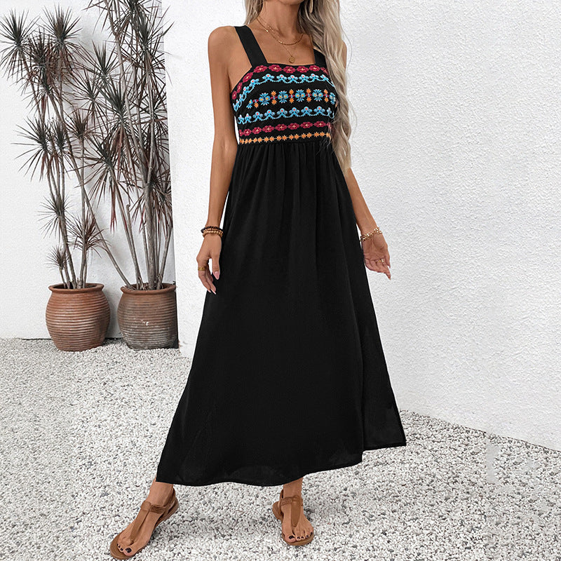 A-Line Midi Dress with Colorful Ethnic Embroidery and Slit