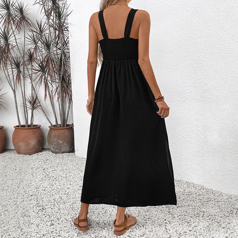 A-Line Midi Dress with Colorful Ethnic Embroidery and Slit