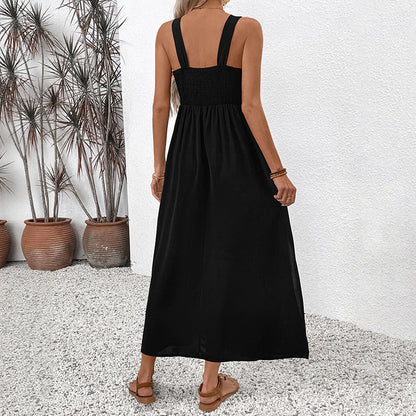 A-Line Midi Dress with Colorful Ethnic Embroidery and Slit