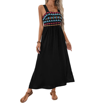 A-Line Midi Dress with Colorful Ethnic Embroidery and Slit