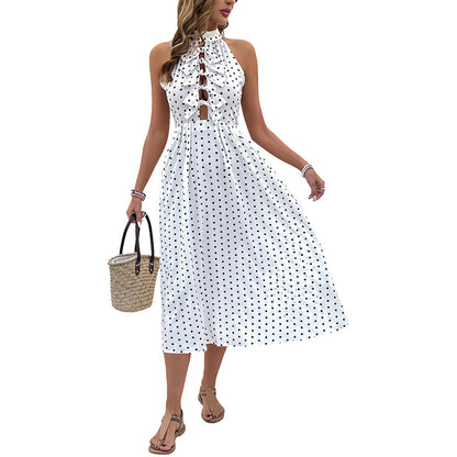 Polka Dot A-Line Midi Dress with Halter Neck and Bow Detail