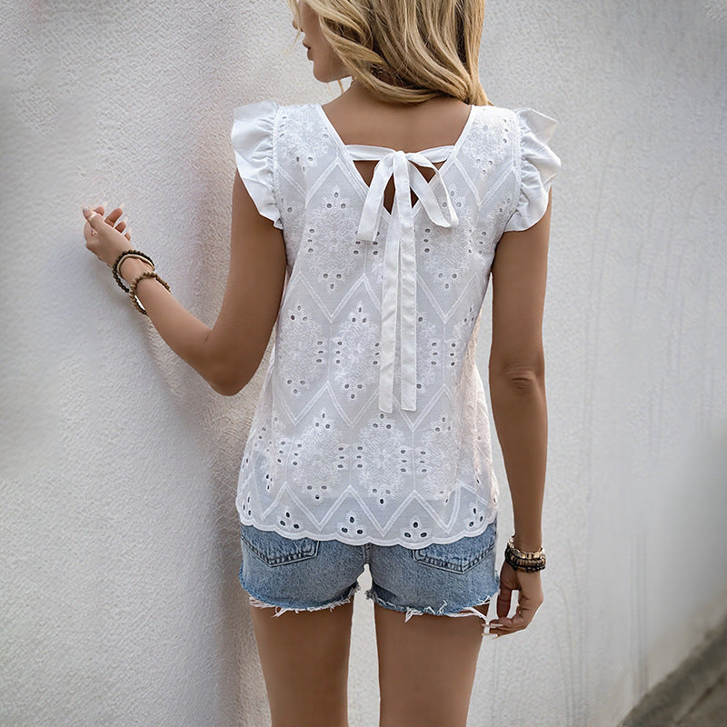 White Eyelet Blouse with Ruffle Sleeves and V-Neck