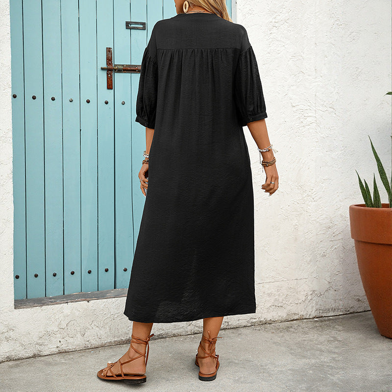 Embroidered A-Line Midi Dress with V-Neck and Puff Sleeves