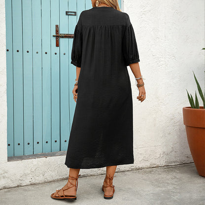 Embroidered A-Line Midi Dress with V-Neck and Puff Sleeves