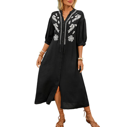 Embroidered A-Line Midi Dress with V-Neck and Puff Sleeves