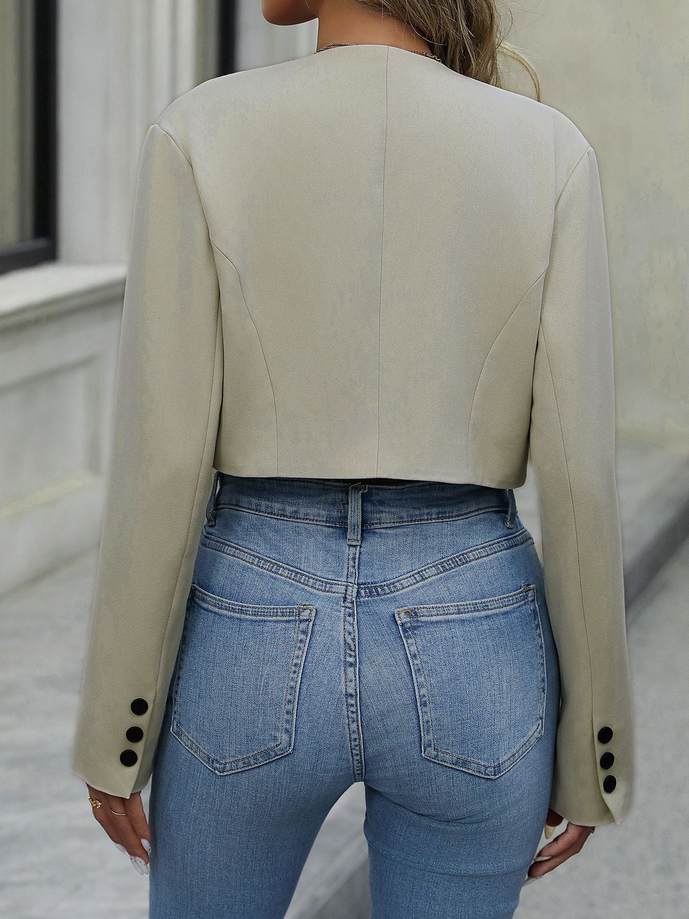 Solid Cropped Blazer with V-Neck and Asymmetrical Button