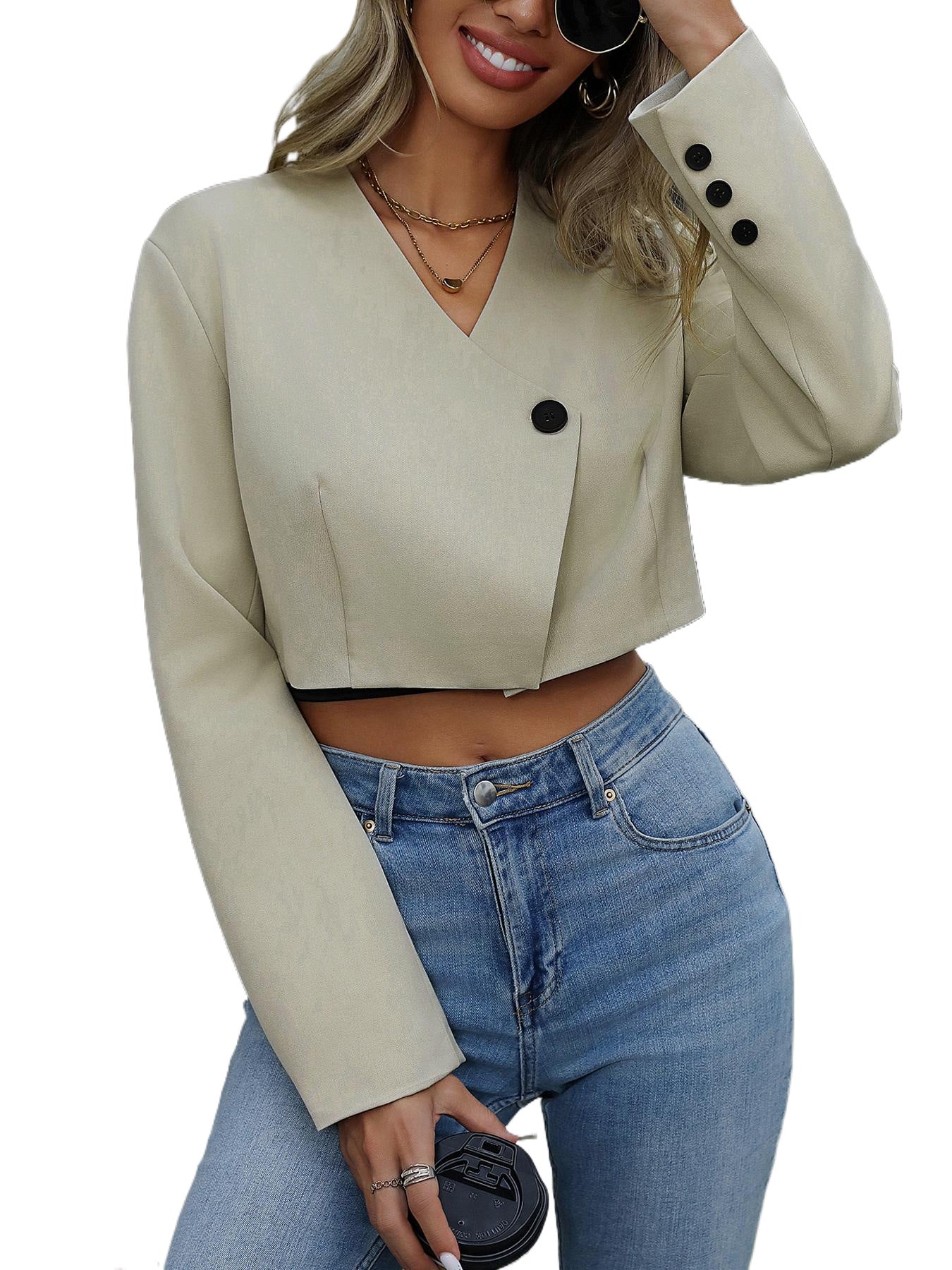 Solid Cropped Blazer with V-Neck and Asymmetrical Button
