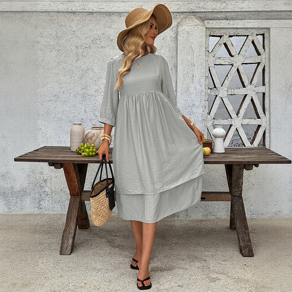 A-Line Midi Dress with Round Neck and Layered Hem