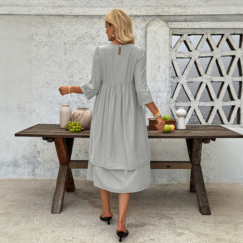 A-Line Midi Dress with Round Neck and Layered Hem