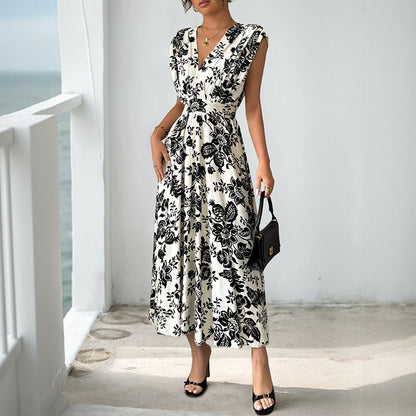 Black & White Floral A-Line Midi Dress with V-Neck & High Waist
