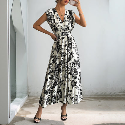 Black & White Floral A-Line Midi Dress with V-Neck & High Waist