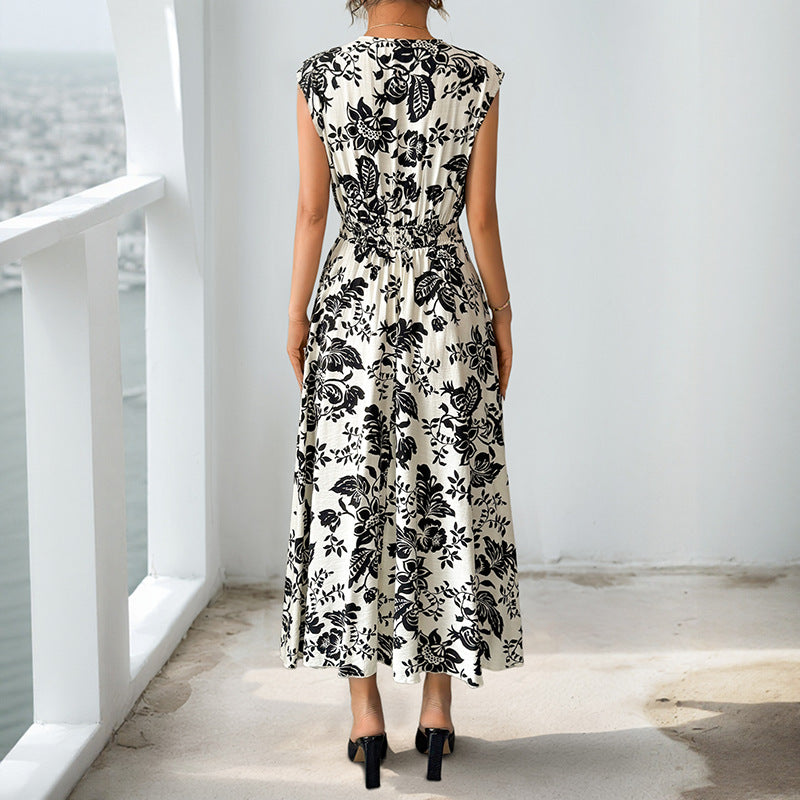 Black & White Floral A-Line Midi Dress with V-Neck & High Waist