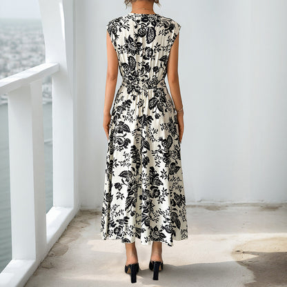 Black & White Floral A-Line Midi Dress with V-Neck & High Waist
