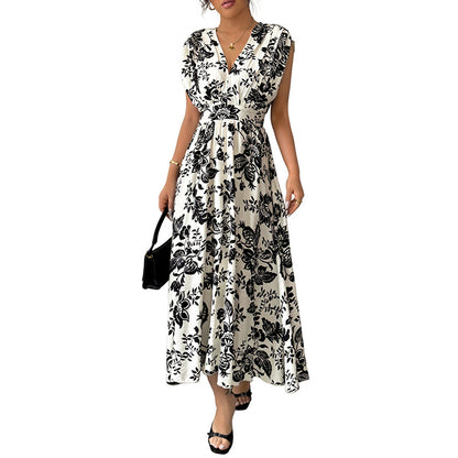 Black & White Floral A-Line Midi Dress with V-Neck & High Waist