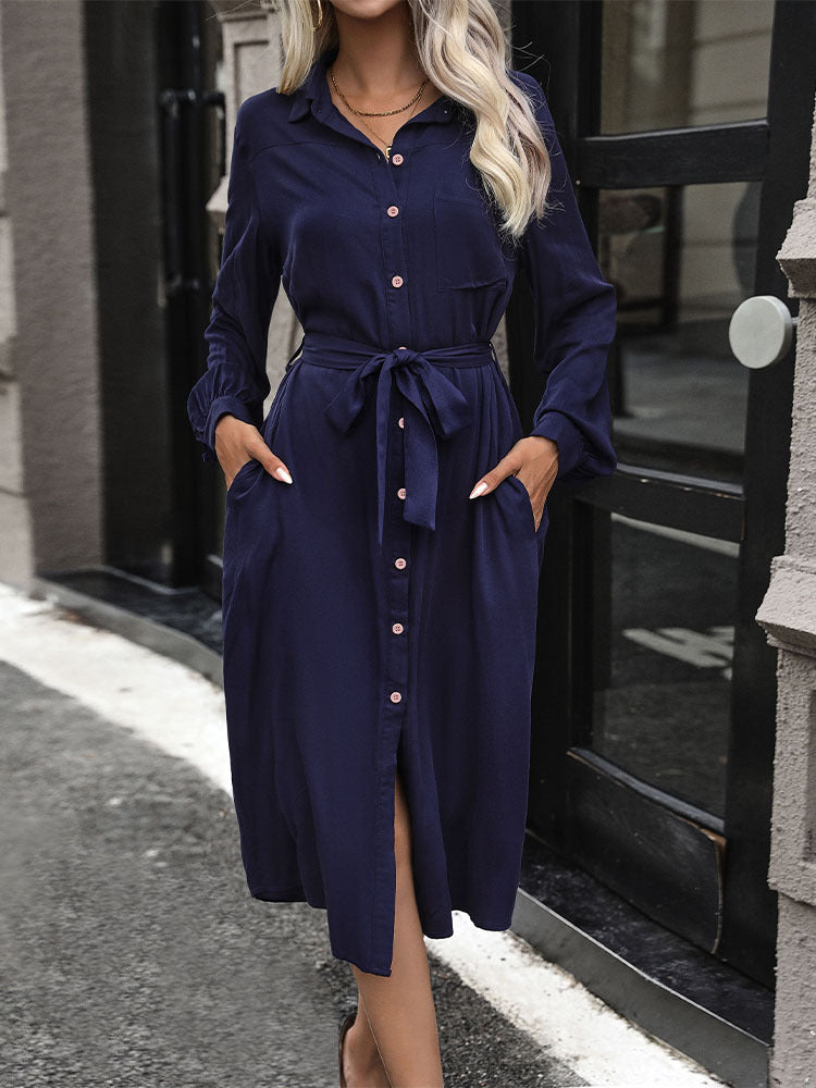 Solid Button-Front Shirt Dress with Tie-Waist