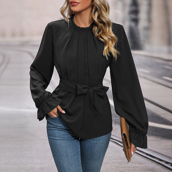 Long-Sleeve Blouse with Ruffle Collar and Tie-Waist