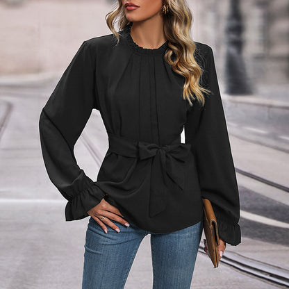 Long-Sleeve Blouse with Ruffle Collar and Tie-Waist