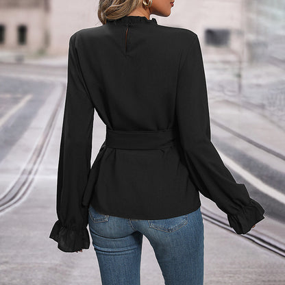 Long-Sleeve Blouse with Ruffle Collar and Tie-Waist