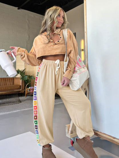 Loose Jogger Pants with Colorful Crochet Side Stripe