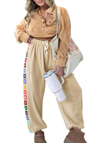 Loose Jogger Pants with Colorful Crochet Side Stripe