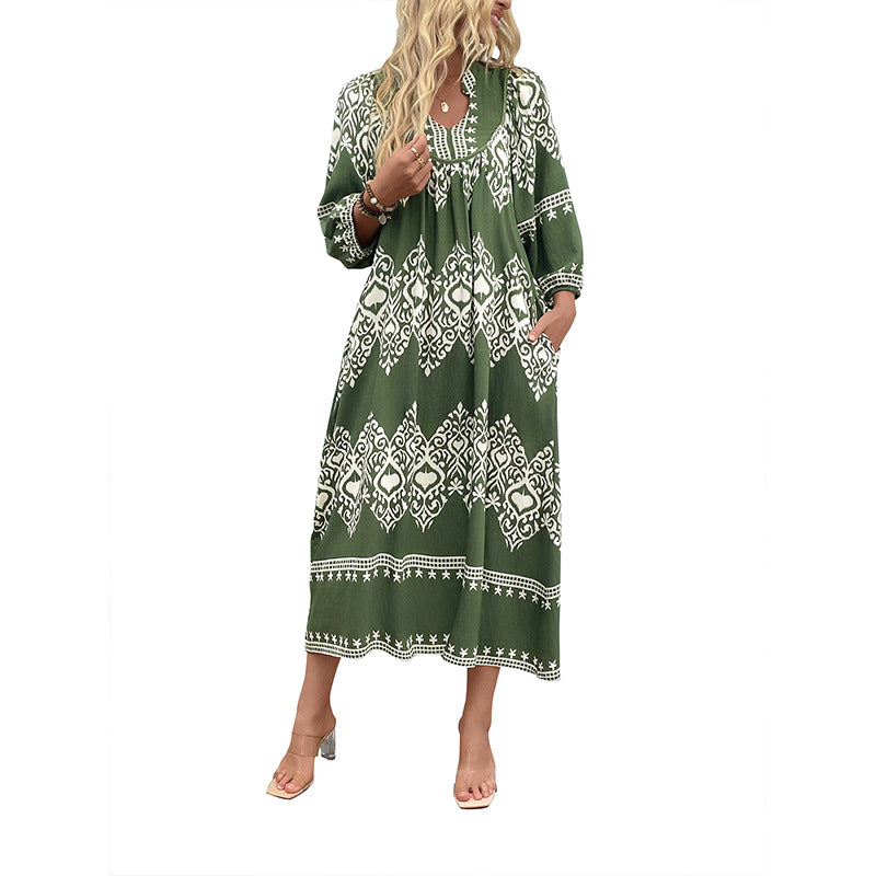 Loose Geometric Print Midi Dress with Three-Quarter Sleeves
