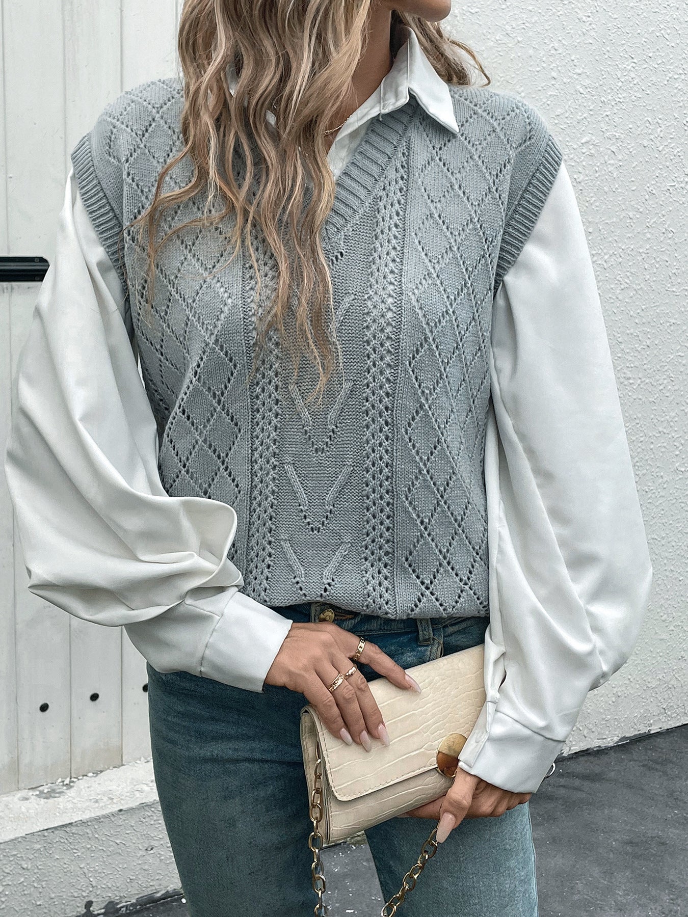 Cable Knit Sweater Vest with Diamond Pattern and V-Neck