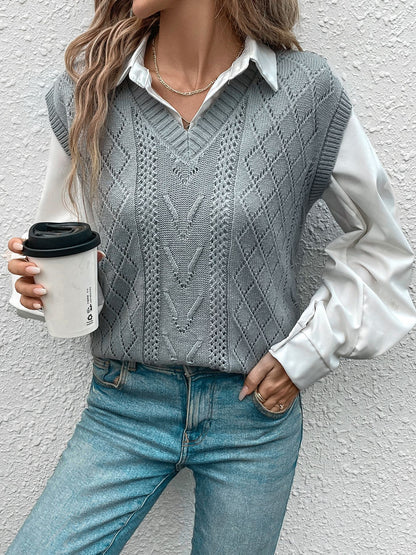 Cable Knit Sweater Vest with Diamond Pattern and V-Neck