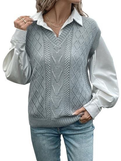 Cable Knit Sweater Vest with Diamond Pattern and V-Neck