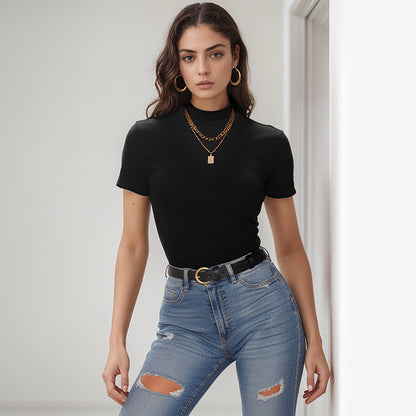 Bodycon Short-Sleeve Bodysuit with Mock Neck