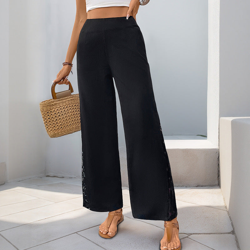 Wide-Leg Pants with High Waist and Lace Patchwork