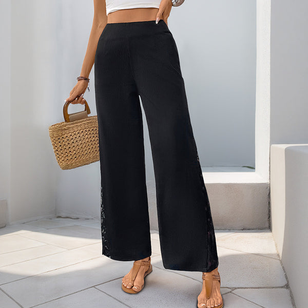 Wide-Leg Pants with High Waist and Lace Patchwork